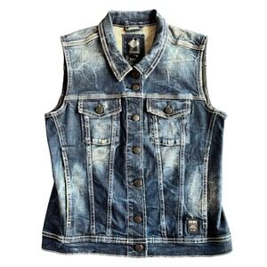 Harley-Davidson Womens Acid Wash Denim Vest Blue Distressed Biker Trucker Medium